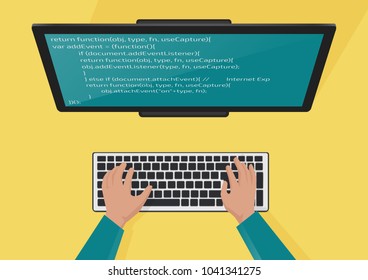 Programming, web development concept. Programmers hands on the keyboard. Code on the screen monitor. Flat vector illustration.