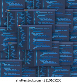 Programmation, concept de développement web. Style de flèche des autocollants. Code sur l'ordinateur portable à écran. Illustration vectorielle.