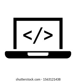 Programming, web development concept vector icon in black flat design on white background, Code on the screen laptop, Programming concept illustration, Web developer concept illustration