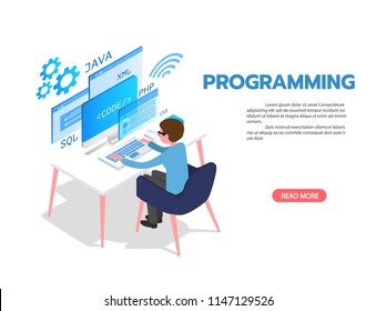 programming Web Development isometric concept, programmer working on table , laptop and virtual website screens on white background.  vector illustration