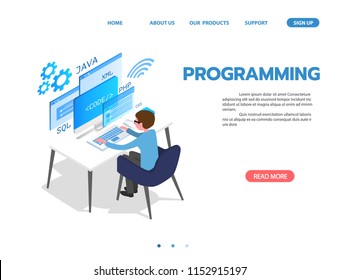 programming Web Development isometric concept, programmer working on table ,laptop and virtual website screens on white background.  vector illustration