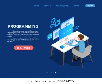 programming Web Development isometric concept, programmer working on table ,laptop and virtual website screens on white background.  vector illustration