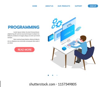 programming Web Development isometric concept, programmer working on table ,laptop and virtual website screens on white background.  vector illustration