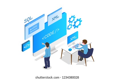 programming Web Development isometric concept, programmer working on table ,laptop and virtual website screens on white background.  vector illustration