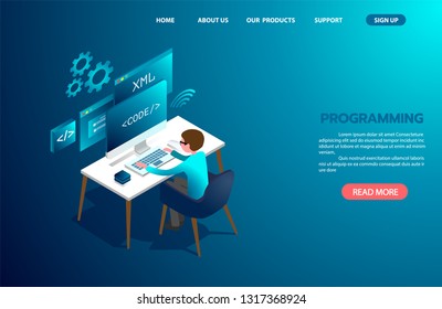 programming Web Development isometric concept, programmer working on table ,laptop and virtual website screens on white background.  vector illustration