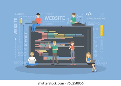 Programming of website. People constructig and creating software.
