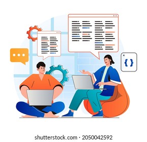 Programming working concept in modern flat design. Developer team creates software, brainstorming and working together at office. Development, optimization and testing apps. Vector illustration