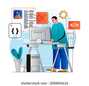 Programming working concept in modern flat design. Developer programs in different languages, creates software, working at computer in office. Development optimization and testing. Vector illustration