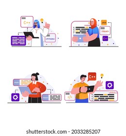 Programming working concept scenes set. People program in different languages, write code, test and optimize, create software or applications. Vector illustration collection in trendy flat design
