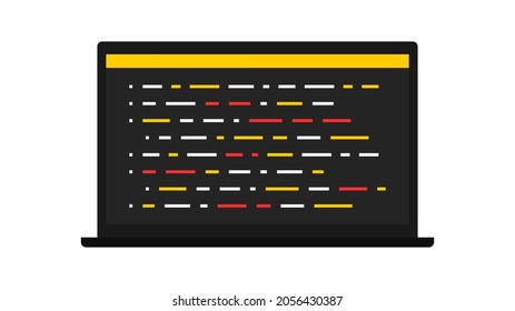 Programming. Writing code on a laptop screen. Coding. Development and software. Web. SEO. Flat style. Vector illustration