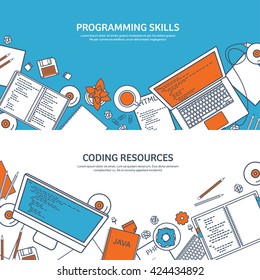  Programming,coding background.Flat outline style.Line art. Stroke lines.Program code.Software coding,testing,debugging.Mobile apps programming.SEO.Programming language,code learning.Coding tutorials