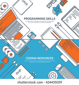  Programming,coding background.Flat outline style.Line art. Stroke lines.Program code.Software coding,testing,debugging.Mobile apps programming.SEO.Programming language,code learning.Coding tutorials