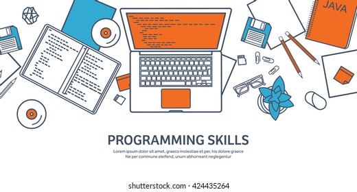  Programming,coding background.Flat outline style.Line art. Stroke lines.Program code.Software coding,testing,debugging.Mobile apps programming.SEO.Programming language,code learning.Coding tutorials