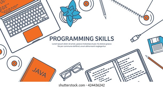  Programming,coding background.Flat outline style.Line art. Stroke lines.Program code.Software coding,testing,debugging.Mobile apps programming.SEO.Programming language,code learning.Coding tutorials