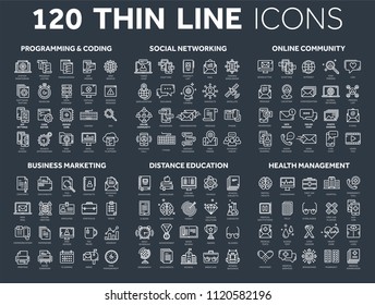 Programming,coding. Data management. Social network, computing. Information. Internet connection. Business marketing. School and education. Medicine. Thin line icons set. White stroke.