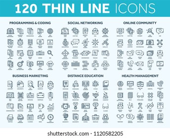 Programming,coding. Data management. Social network, computing. Information. Internet connection. Business marketing. School and education. Medicine. Thin line blue icons set. Stroke.