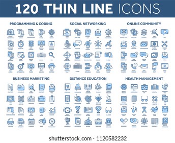 Programming,coding. Data management. Social network, computing. Information. Internet connection. Business marketing. School and education. Medicine. Thin line blue icons set. Stroke.