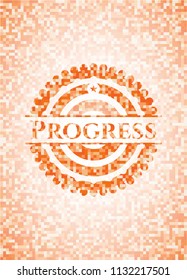 Progress abstract emblem, orange mosaic background
