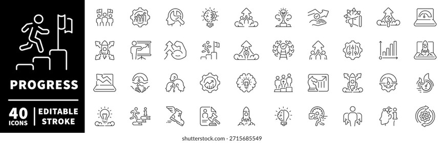 Conjunto de iconos de progreso y logro. línea, iconos de línea editables, crecimiento, símbolos de éxito