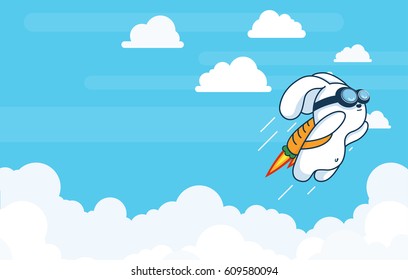 Progress, Achievement and Startup Development Project Concept with Flying Jetpack Rocket Rabbit Launching in Sky over Clouds in Flat Vector and Bright Contrasting White and Blue