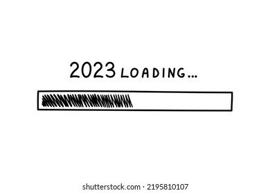 Progress bar 2023 new year in doodle style, vector illustration. Hand drawn loading symbol, black isolated element on a white background. Sketch load bar for print and design