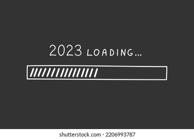 Progress bar 2023 new year in doodle style, vector illustration. Hand drawn loading symbol, white isolated element on chalk board background. Sketch load bar for print and design