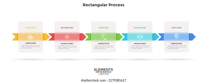 Progress bar with 3 arrows behind translucent rectangular elements placed in horizontal row. Concept of three steps to business success. Minimal infographic design template. Flat vector illustration.