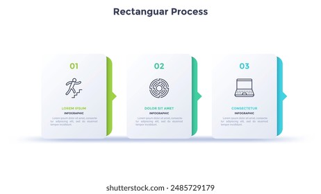 Progress bar with 3 arrows behind white rectangular elements placed in horizontal row. Concept of three steps to business success. Minimal infographic design template. Flat vector illustration.