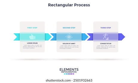 Progress bar with 3 arrows behind translucent rectangular elements placed in horizontal row. Concept of three steps to business success. Minimal infographic design template. Flat vector illustration.