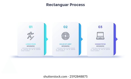 Progress bar with 3 arrows behind white rectangular elements placed in horizontal row. Concept of three steps to business success. Minimal infographic design template. Flat vector illustration.