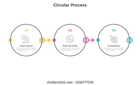 Progress Bar With 3 Circular Elements Connected By Arrows. Concept Of Three Step Process Of Achieving Of Business Goal. Simple Infographic Design Template. Modern Vector Illustration For Presentation.