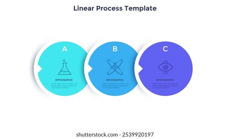 Fortschrittsbalken mit 3 übereinander liegenden bunten kreisförmigen Papierelementen in horizontaler Reihe. Konzept von drei Schritten der Geschäftsentwicklung. Flache Infografik-Entwurfsvorlage. Minimale Vektorgrafik.
