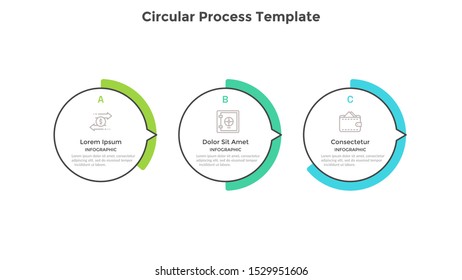 Progress bar with 3 round elements with pointers. Concept of three stages of marketing strategy. Simple infographic design template. Modern vector illustration for business information visualization.