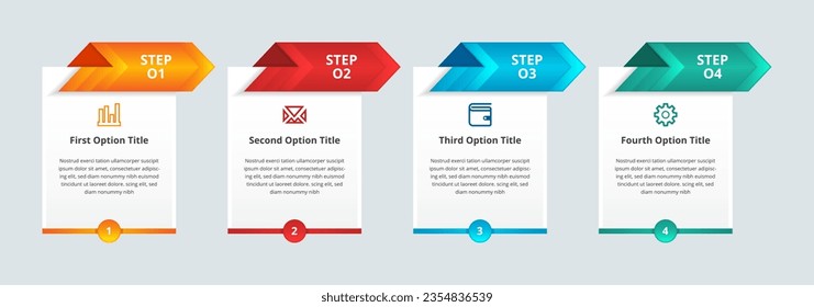 Progress bar with 4 arrows on top rectangular elements placed in horizontal row. Concept of four steps to business success. Minimal infographic design template. gradient vector illustration.