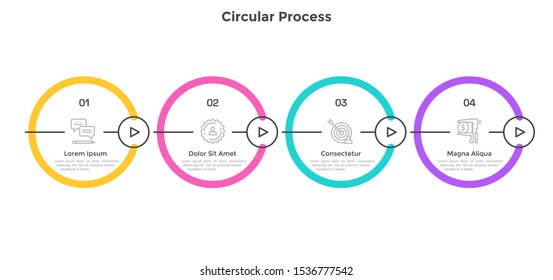 Progress bar with 4 circular elements connected by play buttons. Concept of four stages of business development process. Minimal infographic design template. Flat vector illustration for banner.