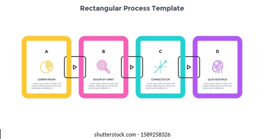 Progress bar with 4 colorful rectangular elements connected by round play buttons. Concept of four steps of multimedia presentation. Minimal infographic design template. Flat vector illustration.