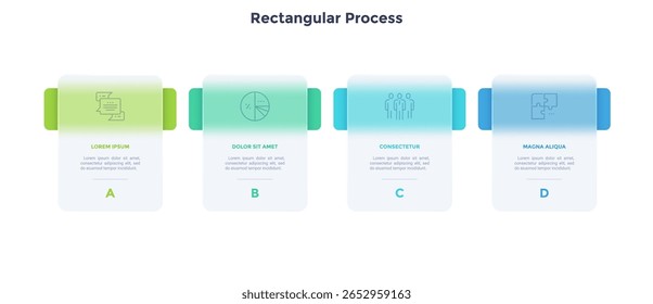 Barra de progresso com 4 quadros atrás de elementos retangulares translúcidos colocados na linha horizontal. Conceito de quatro etapas para o sucesso da empresa. Modelo de design infográfico mínimo. Ilustração de vetor plano.