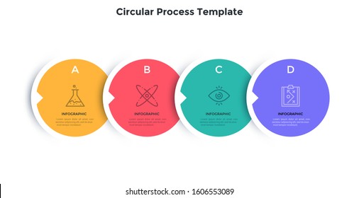 Progress bar with 4 overlaying colorful circular paper elements placed in horizontal row. Concept of four steps of business development. Flat infographic design template. Minimal vector illustration.