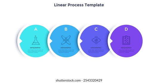 Barra de progresso com 4 elementos de papel coloridos sobrepostos circulares colocados na linha horizontal. Conceito de quatro etapas do desenvolvimento de negócios. Modelo de design de infográfico plano. Ilustração de vetor mínima.