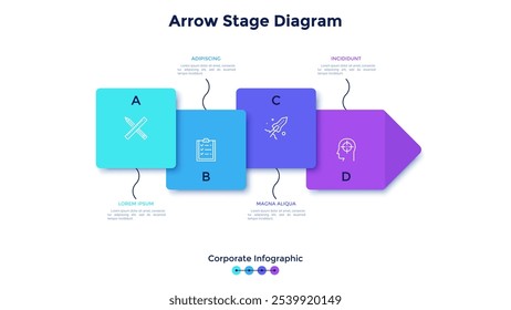 Barra de progresso com 4 elementos quadrados sobrepostos e ponteiro. Conceito de quatro fases sucessivas do processo de desenvolvimento empresarial. Modelo de design de infográfico corporativo. Ilustração simples de vetor plano.