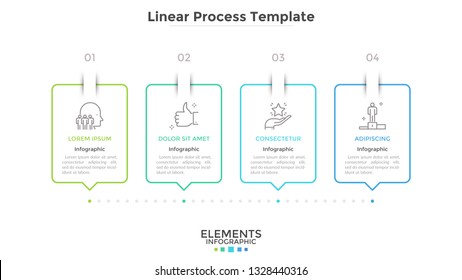 Progress bar with 4 rectangular elements connected by dotted line. Concept of four steps of strategic business planning. Creative infographic design template. Vector illustration for presentation.