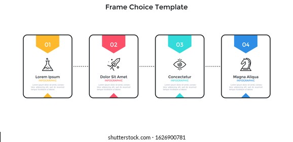 Progress bar with 4 rectangular frames or cards connected by dotted line. Concept of four stages of business strategy. Simple infographic design template. Modern vector illustration for presentation.