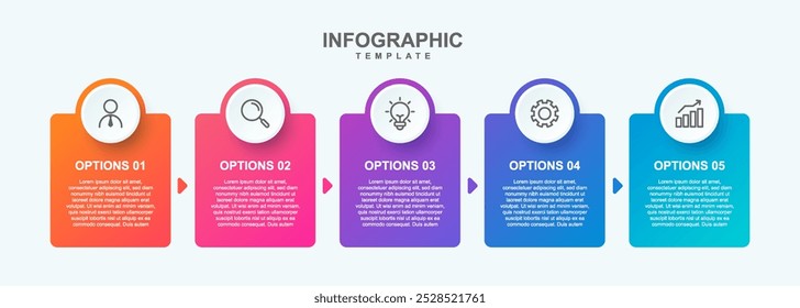 Barra de progresso com 5 setas atrás de elementos retangulares brancos colocados na linha horizontal. Conceito de cinco etapas para o sucesso da empresa. Modelo de design infográfico mínimo. Ilustração de vetor plano.