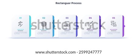 Progress bar with 5 arrows behind white rectangular elements placed in horizontal row. Concept of five steps to business success. Minimal infographic design template. Flat vector illustration.
