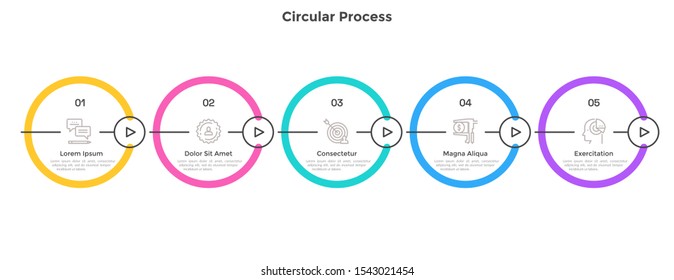 Progress bar with 5 circular elements connected by play buttons. Concept of five stages of business development process. Minimal infographic design template. Flat vector illustration for banner.