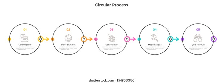 Progress bar with 5 circular elements connected by arrows. Concept of five step process of achieving of business goal. Simple infographic design template. Modern vector illustration for presentation.