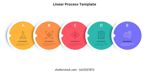 Progress bar with 5 overlaying colorful circular paper elements placed in horizontal row. Concept of five steps of business development. Flat infographic design template. Minimal vector illustration.