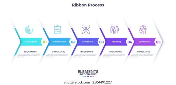 Progress bar with 5 overlaying paper white arrows placed in horizontal row. Concept of five steps to business goal achievement. Modern infographic design template. Minimal flat vector illustration.