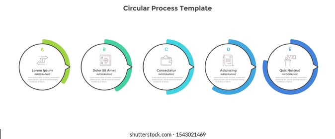 Barra de progresso com 5 elementos redondos com ponteiros. Conceito de cinco estágios da estratégia de marketing. Modelo de design de infográfico simples. Ilustração vetorial moderna para visualização de informações comerciais.