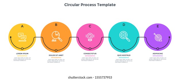 Progress bar with 5 round elements placed in horizontal row and connected. Concept of five stages of business development process. Simple infographic design template. Modern vector illustration.